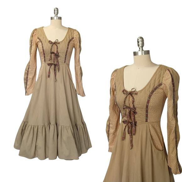 Gunne Sax Corduroy Calico Midi Dress Size S 7 Tie Front Floral Vintage 70s - Picture 1 of 10
